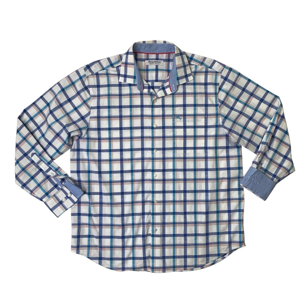 Tommy Bahama Shirt Mens L Large Sarasota Stretch Plaid Long Sleeve Flip Cuffs